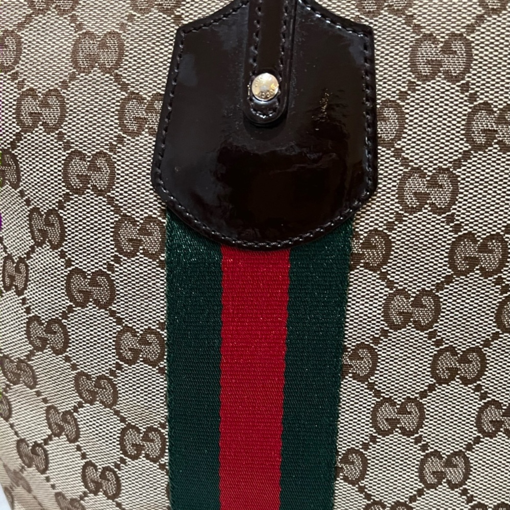 GUCCI Tote Bag Jolie Vintage Sherry Line Brown Canvas Classic Red Green Stripes - Picture 6 of 16